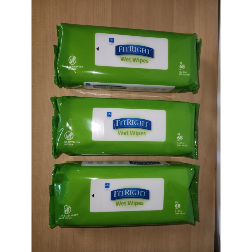 3x -68 Count Medline FITRIGHT Wet Wipes Personal Cleansing Wipes Exp 02/28~NEW